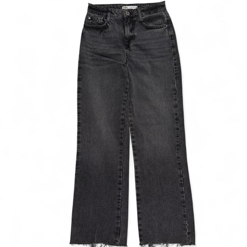Zara Downtown Girl Washed Black Frayed Raw Hem Relaxed Straight Leg Jeans